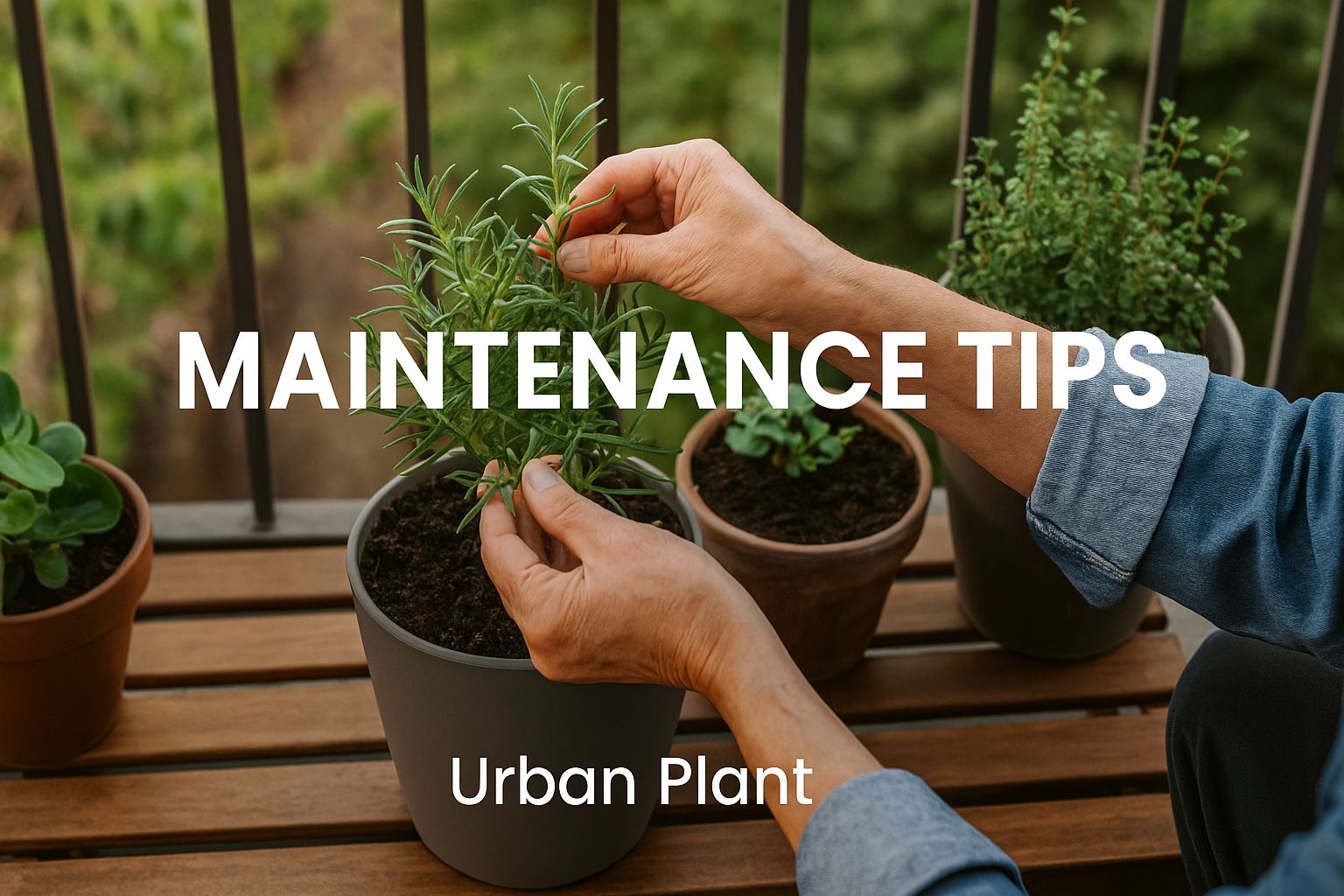 Maintenance tips – Urban Plant hands-on care of potted rosemary on a wooden balcony with terracotta pots, lush background, and DIY home gardening setup.